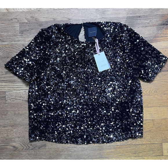 Alex Marie Sequined Blouse Stretch Short Sleeve Lined Party Top Black Womens XL - Picture 4 of 16